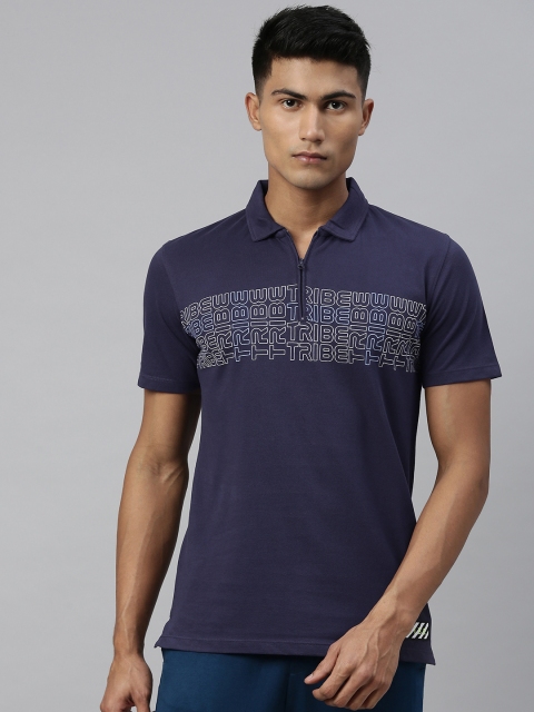 

Allen Solly Tribe Men Navy Blue Brand Logo Printed Polo Collar Pure Cotton T-shirt