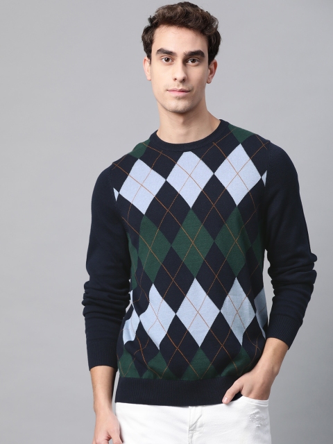 

Marks & Spencer Men Navy Blue Pure Cotton Argyle Pullover