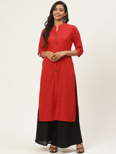 

Kurti's by Menka Women Red Slub Effect Solid Straight Kurta