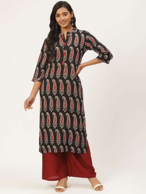 

Kurti's by Menka Women Black & Maroon Paisley Print Straight Kurta