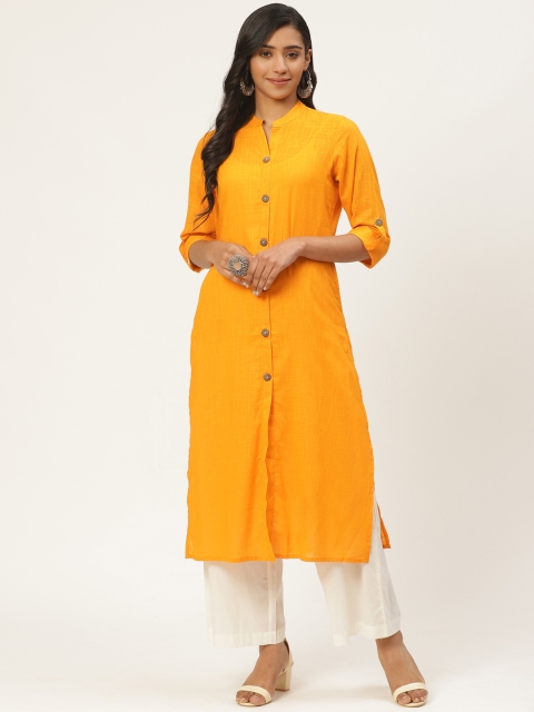 

Kurti's by Menka Women Mustard Yellow Solid Pure Cotton Straight Kurta