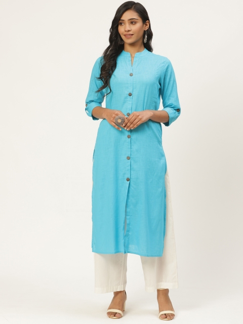 

Kurti's by Menka Women Blue Slub Effect Solid Straight Kurta
