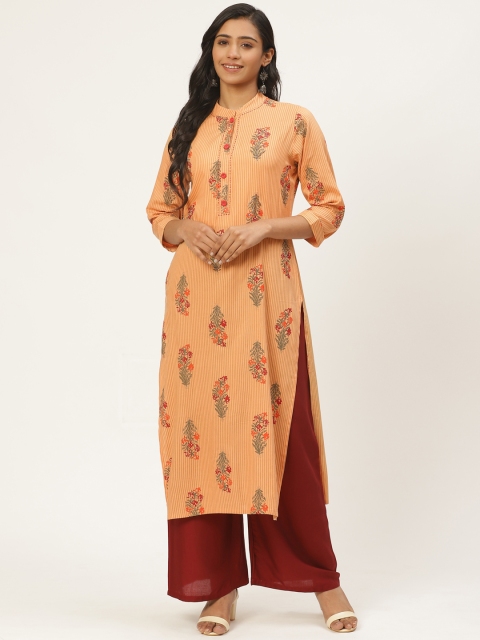 

Kurti's by Menka Women Peach-Coloured & Red Floral Print Beaded Straight Kurta