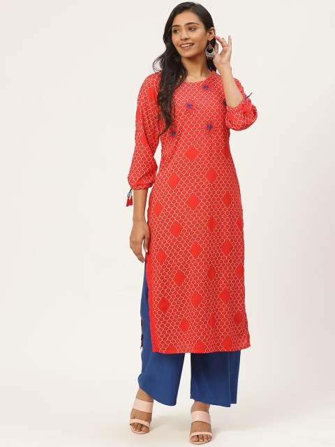 

Kurti's by Menka Women Red & Beige Printed & Embroidered Straight Kurta