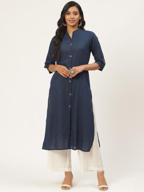 

Kurti's by Menka Women Navy Blue Pure Cotton Solid Straight Kurta