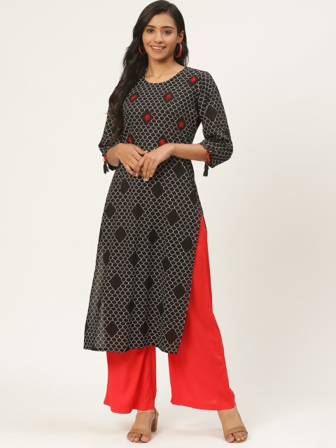 

Kurti's by Menka Women Black & Red Printed Straight Kurta