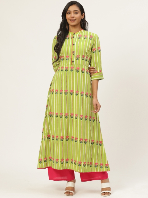 

Kurti's by Menka Women Green and Pink Printed A-Line Kurta