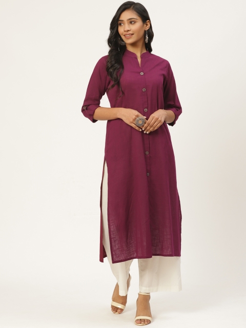 

Kurti's by Menka Women Burgundy Pure Cotton Solid Straight Kurta