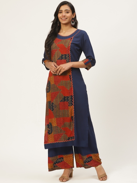 

Kurti's by Menka Women Navy Blue & Red Printed Kurta with Palazzos