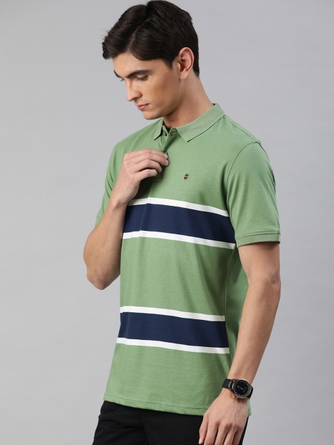 

Louis Philippe Sport Men Green Navy Blue Striped Polo Collar Pure Cotton T-shirt