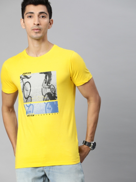 

Louis Philippe Jeans Men Yellow Printed Round Neck Pure Cotton T-shirt