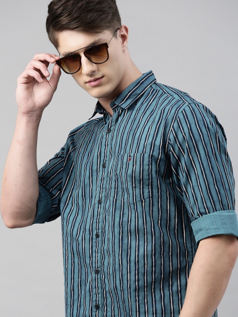 

Louis Philippe Jeans Men Blue & Off-White Slim Fit Striped Casual Shirt