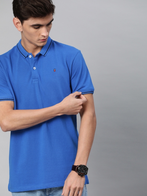 

Louis Philippe Jeans Men Blue Solid Polo Collar Pure Cotton T-shirt