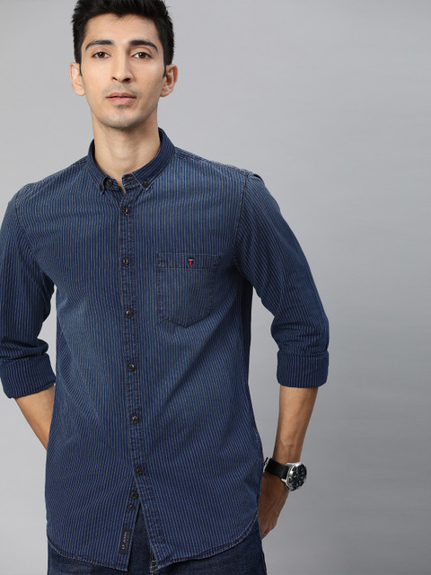 

Louis Philippe Jeans Men Navy Blue & White Super Slim Fit Striped Casual Shirt