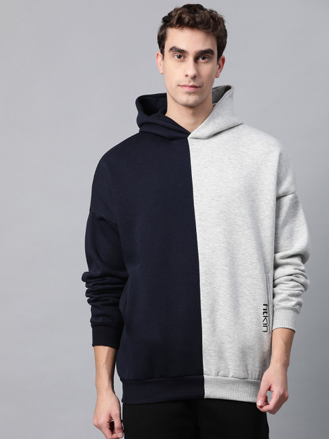 

Fitkin Men Navy Blue & Grey Melange Colourblocked Hooded Winter Sweatshirt