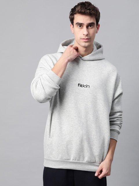 

Fitkin Men Grey Melange Solid Hooded Winter Sweatshirt