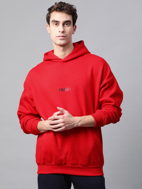 

Fitkin Men Red Solid Hooded Sweatshirt