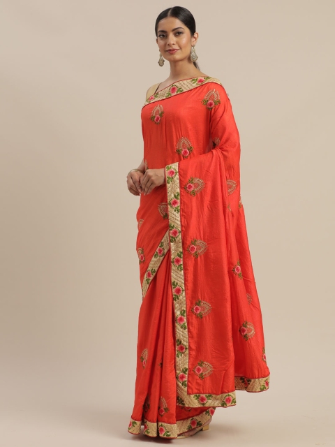 

Mitera Orange Embroidered Kota Saree