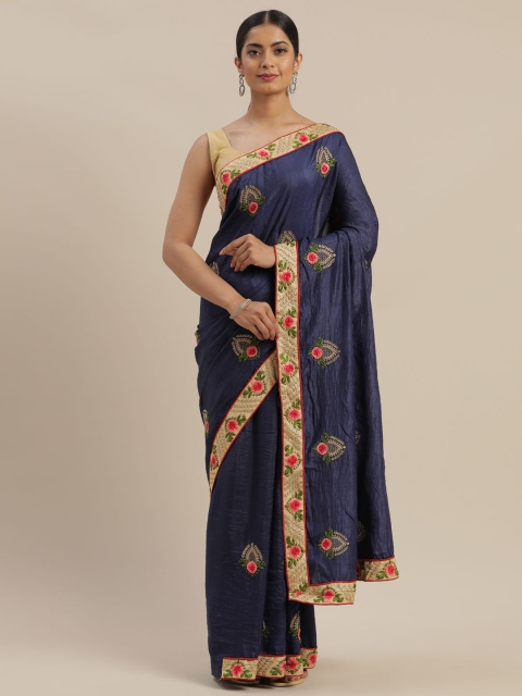 

Mitera Navy Blue Embroidered Kota Saree