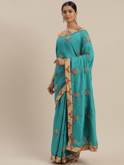 

Mitera Turquoise Blue Embroidered Kota Saree