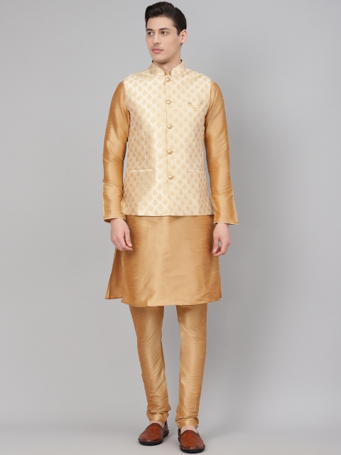 

Readiprint Fashions Men Brown & Beige Solid Kurta with Churidar & Nehru Jacket