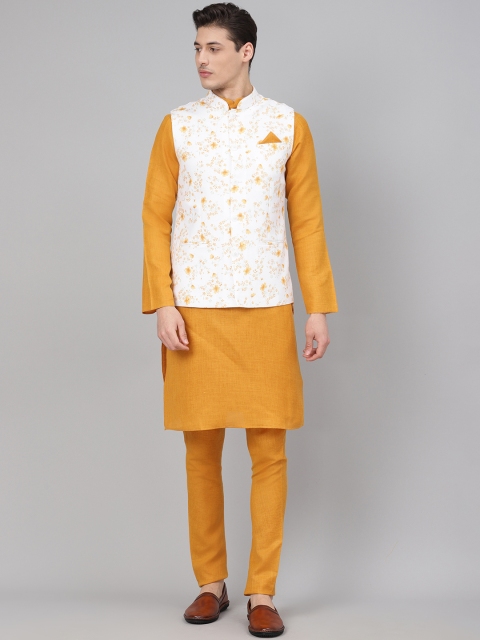 

Readiprint Fashions Men Mustard Yellow & White Solid Kurta with Churidar & Nehru Jacket