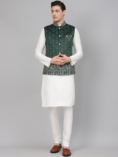 

Readiprint Fashions Men White & Green Solid Kurta with Churidar & Nehru Jacket