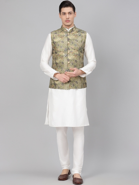 

Readiprint Fashions Men Off-White & Green Solid Kurta with Churidar & Nehru Jacket