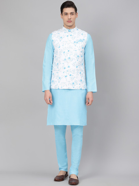 

Readiprint Fashions Men Blue & White Solid Kurta with Churidar & Nehru Jacket
