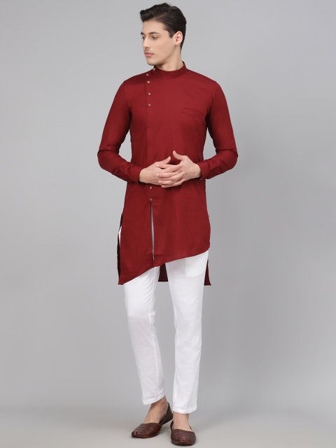 

Readiprint Fashions Men Maroon & White Solid Asymmetric Kurta with Trousers