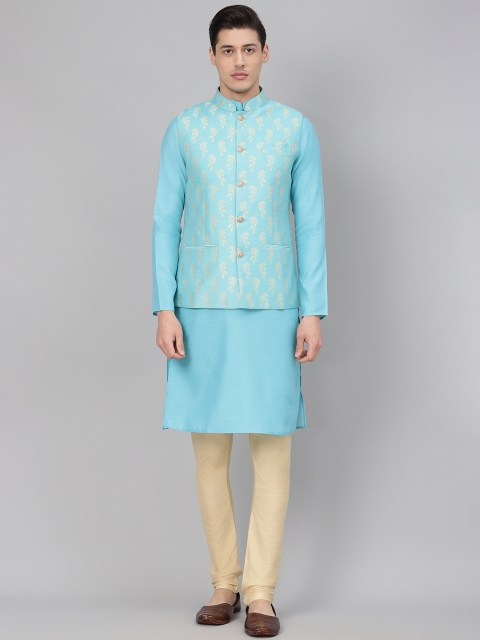

Readiprint Fashions Men Blue & Beige Solid Kurta with Churidar & Nehru Jacket