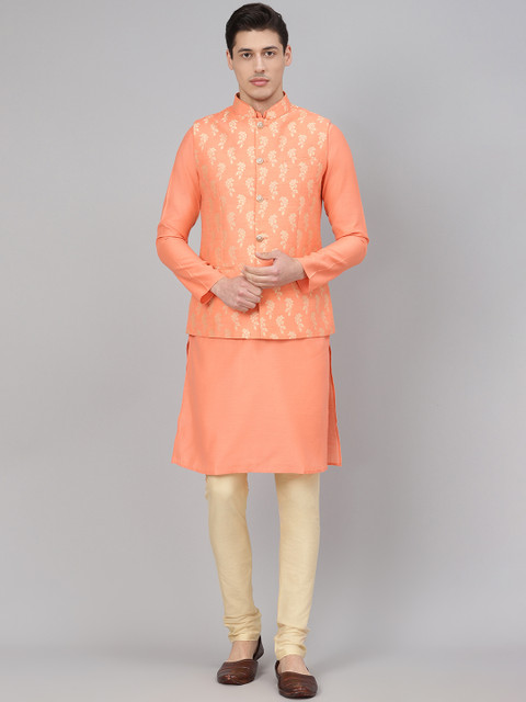 

Readiprint Fashions Men Peach-Coloured & Beige Solid Kurta with Churidar & Nehru Jacket