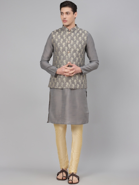 

Readiprint Fashions Men Grey & Golden Solid Kurta with Churidar & Nehru Jacket