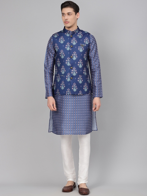 

Readiprint Fashions Men Blue & White Printed Kurta with Churidar & Nehru Jacket