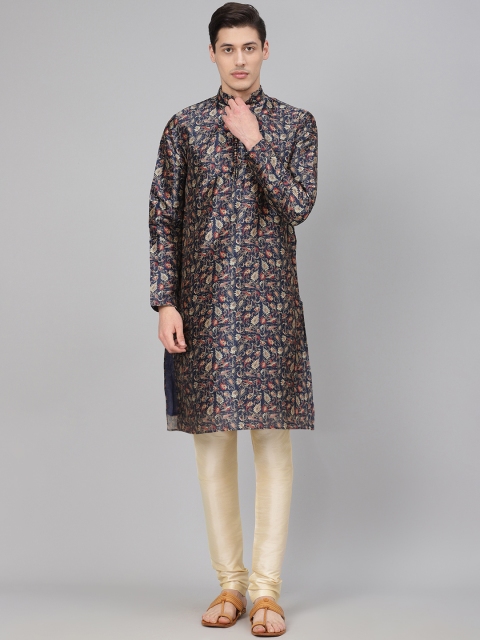 

Readiprint Fashions Men Navy Blue & Beige Printed Kurta with Churidar & Nehru Jacket