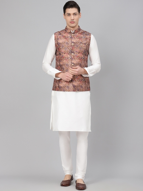 

Readiprint Fashions Men White & Brown Solid Kurta with Churidar & Nehru Jacket