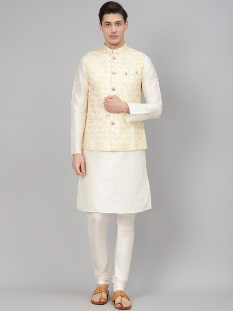 

Readiprint Fashions Men Off-White & Yellow Solid Kurta with Churidar & Nehru Jacket