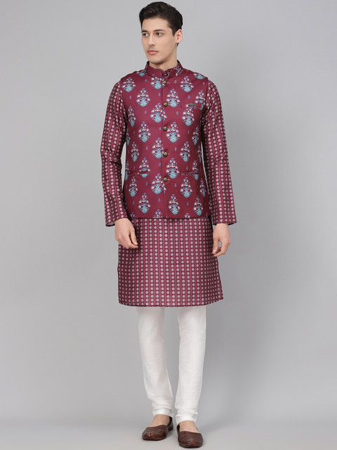 

Readiprint Fashions Men Burgundy & White Printed Kurta with Churidar & Nehru Jacket