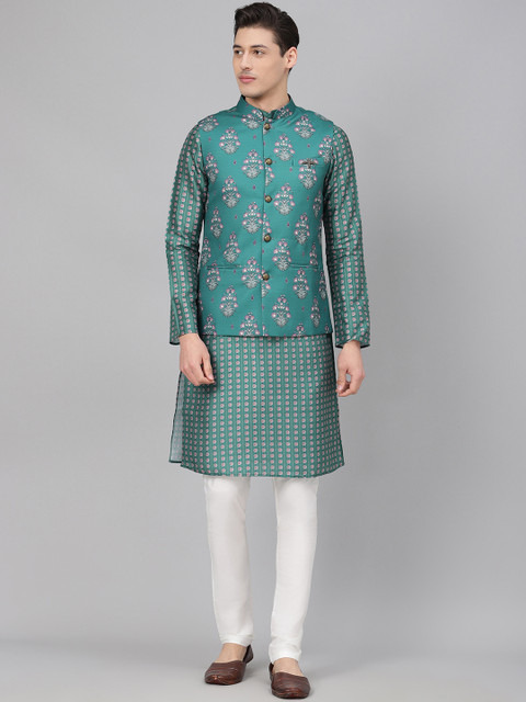 

Readiprint Fashions Men Blue & White Printed Kurta with Churidar & Nehru Jacket