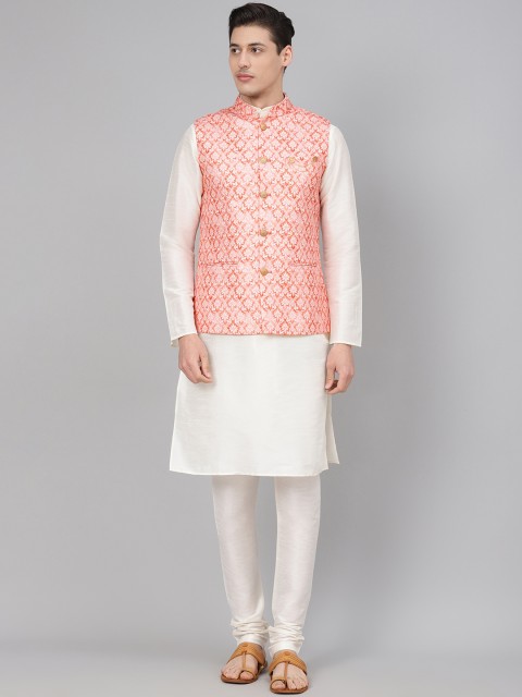 

Readiprint Fashions Men Off-White & Orange Solid Kurta with Churidar & Nehru Jacket