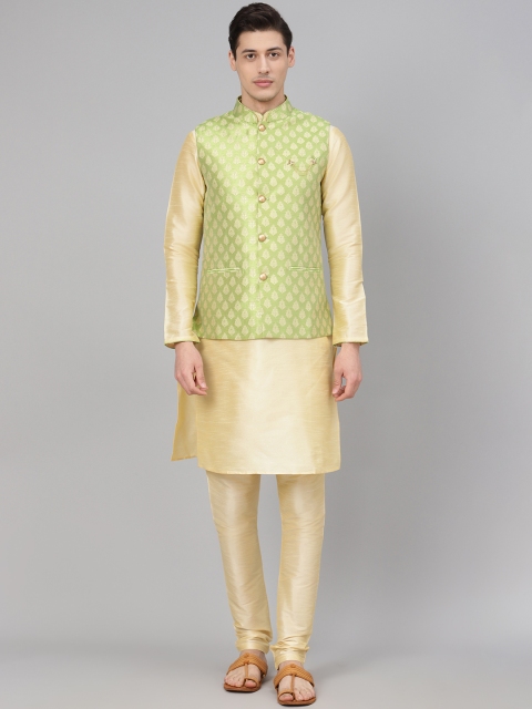 

Readiprint Fashions Men Golden & Green Solid Kurta with Churidar & Nehru Jacket, Gold