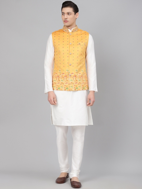 

Readiprint Fashions Men White & Mustard Yellow Solid Kurta with Churidar & Nehru Jacket