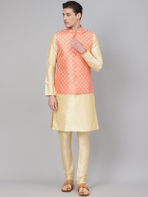 

Readiprint Fashions Men Beige & Pink Solid Kurta with Churidar & Nehru Jacket