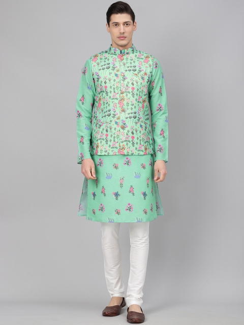 

Readiprint Fashions Men Sea Green & White Printed Kurta with Churidar & Nehru Jacket