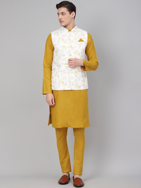 

Readiprint Fashions Men Mustard Yellow & White Solid Kurta with Churidar & Nehru Jacket