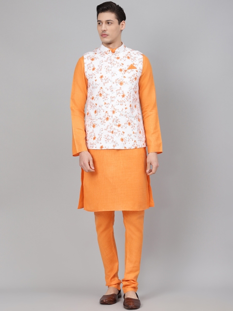 

Readiprint Fashions Men Orange & White Solid Kurta with Churidar & Nehru Jacket