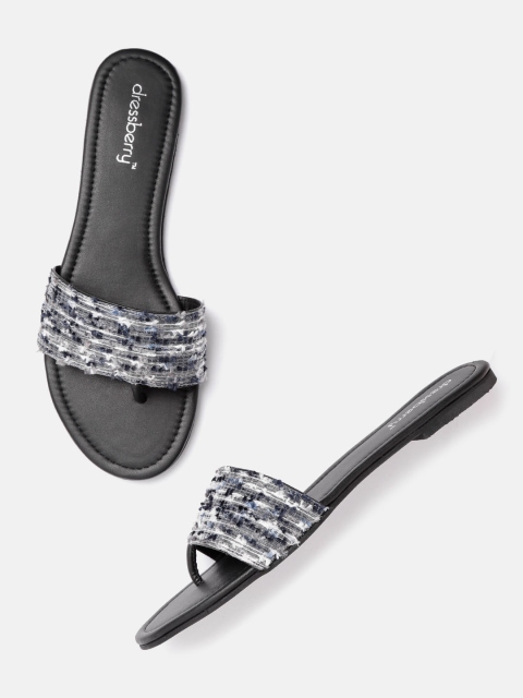 

DressBerry Women Charcoal Grey & White Woven Design Handcrafted Open Toe Flats