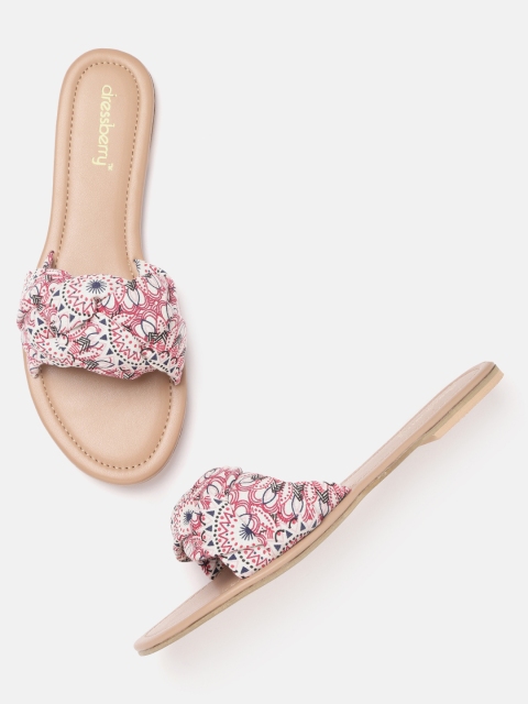 

DressBerry Women White & Pink Ethnic Motifs Print Braided & Handcrafted Open Toe Flats