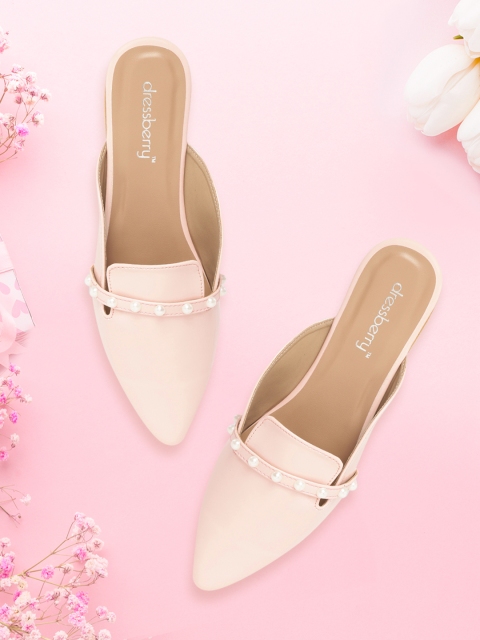 

DressBerry Women Pink Solid Mules with Beaded Detail