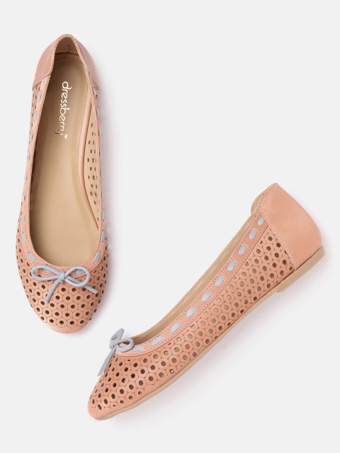 

DressBerry Women Peach-Coloured Laser Cuts Ballerinas with Bow Detail